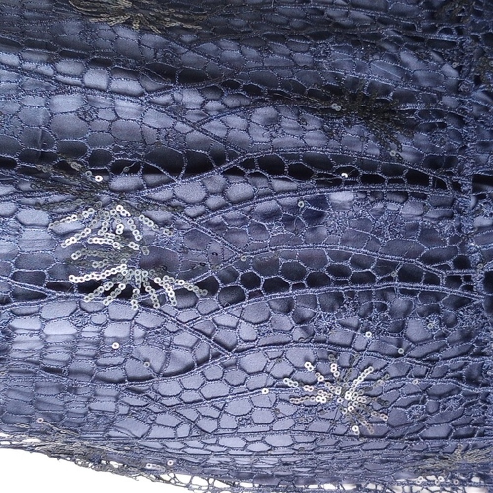 Kay Unger Sequined Lace Cap Sleeve Flounce Dress With Satin Slip 4 Navy - Picture 5 of 12
